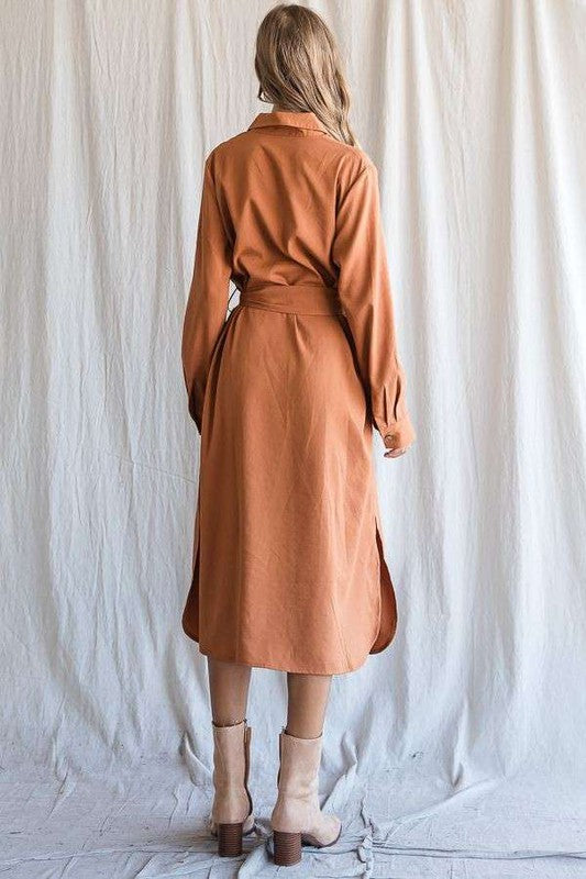 Solid Button Down Belted Long Dress