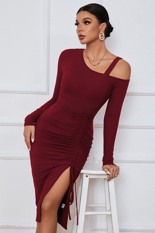 Burgundy Ruched One Shoulder Strap Dress