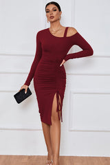 Burgundy Ruched One Shoulder Strap Dress