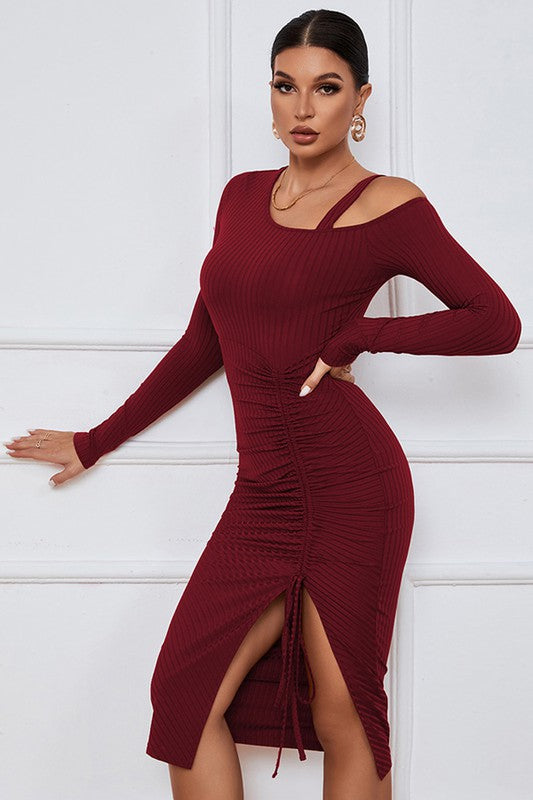 Burgundy Ruched One Shoulder Strap Dress