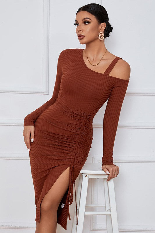 Dust Orange  Ruched One Shoulder Strap Dress