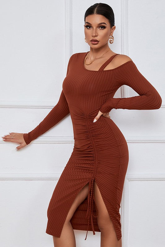 Dust Orange  Ruched One Shoulder Strap Dress