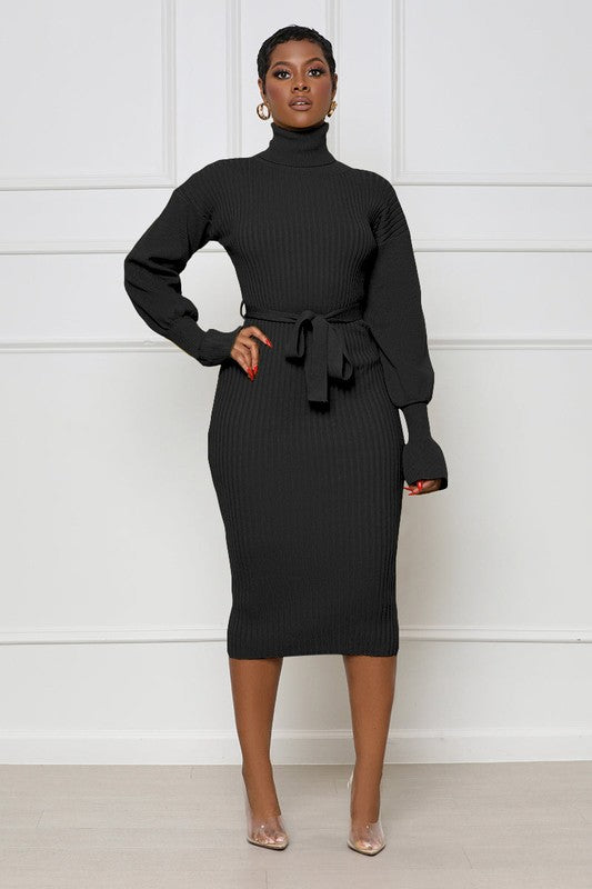 Black Turtleneck Bodycon Midi Sweater Dress