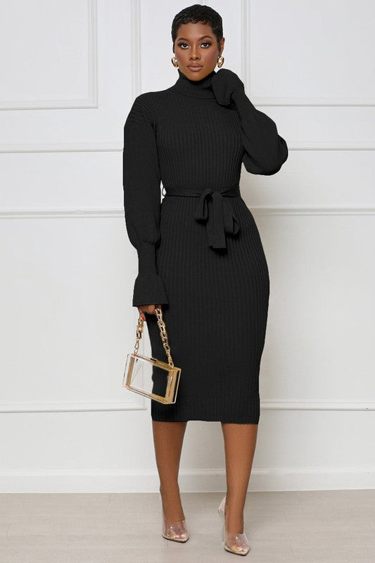 Black Turtleneck Bodycon Midi Sweater Dress