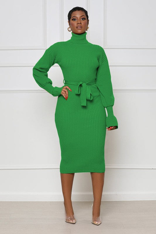 Green Turtleneck Bodycon Midi Sweater Dress