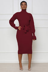 Burgundy Turtleneck Bodycon Midi Sweater Dress