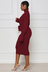 Burgundy Turtleneck Bodycon Midi Sweater Dress