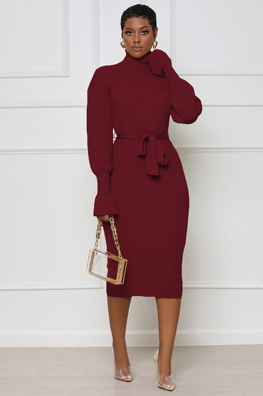 Burgundy Turtleneck Bodycon Midi Sweater Dress