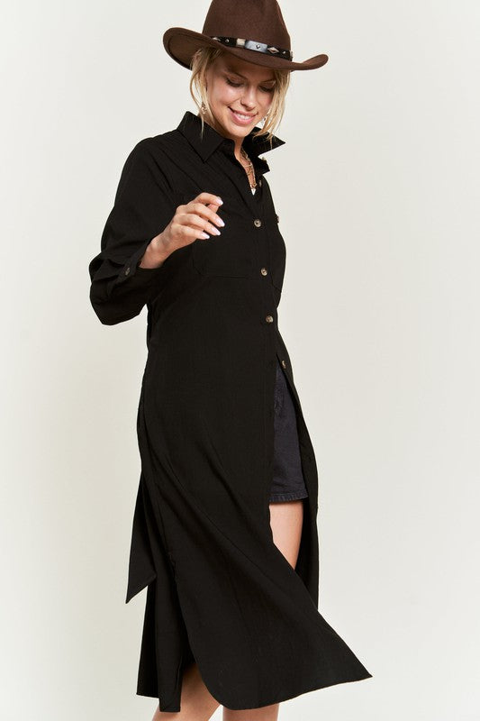 Solid Button Down Belted Long Dress