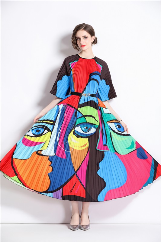 Art Printed Short Sleeves pleated Maxi Dress