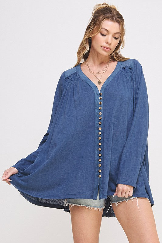 Long Sleeve V-Neck Oversized Button Down Tunic