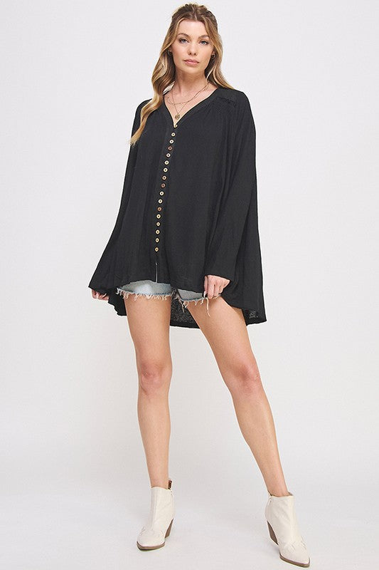 Plus Size Long Sleeve V-Neck Oversized Button Down Tunic