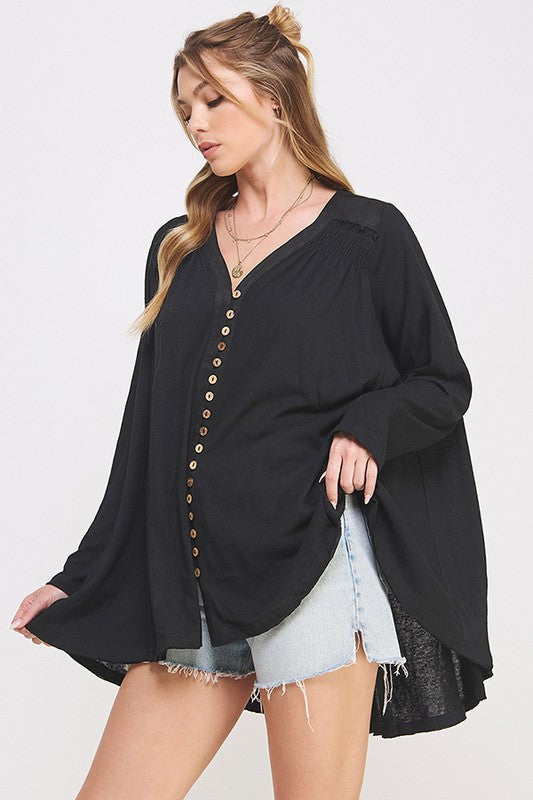 Plus Size Long Sleeve V-Neck Oversized Button Down Tunic