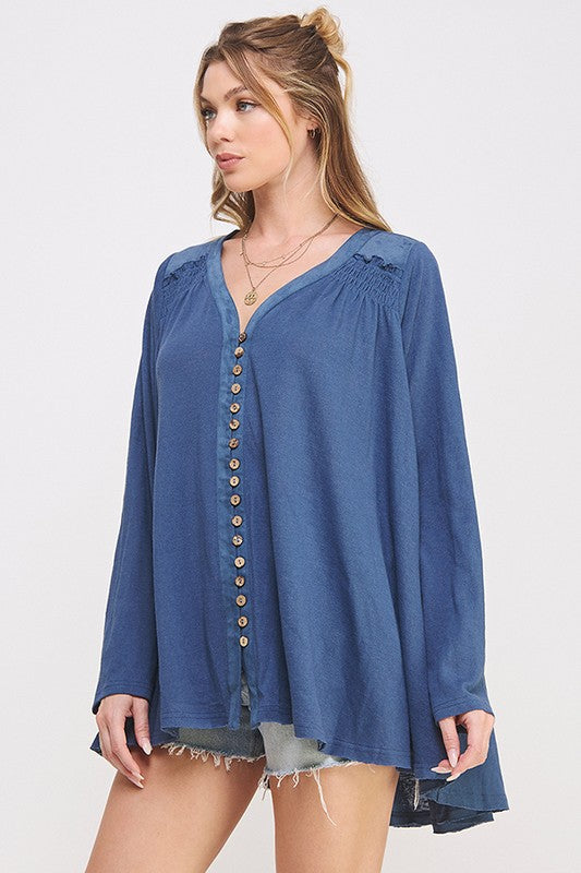 Plus Size Long Sleeve V-Neck Oversized Button Down Tunic