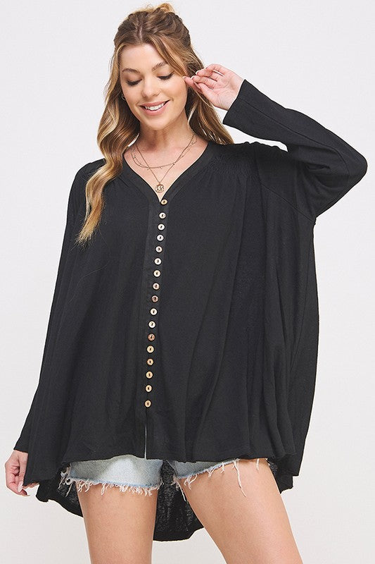 Plus Size Long Sleeve V-Neck Oversized Button Down Tunic