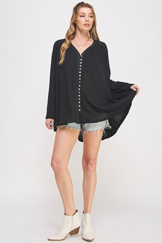 Plus Size Long Sleeve V-Neck Oversized Button Down Tunic