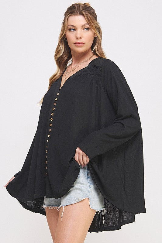 Plus Size Long Sleeve V-Neck Oversized Button Down Tunic