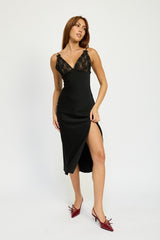 Satin Lace Cami Midi Dress With Slit