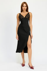 Satin Lace Cami Midi Dress With Slit