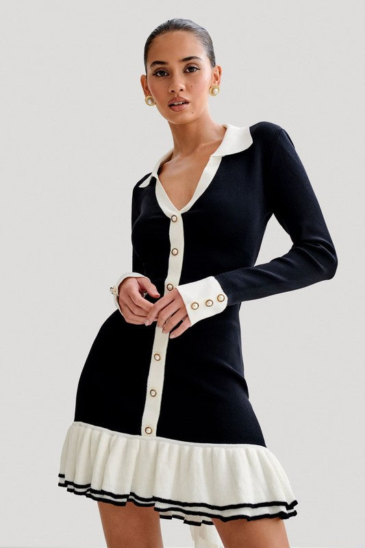 Contrast Long Sleeves Frill Mini Dress