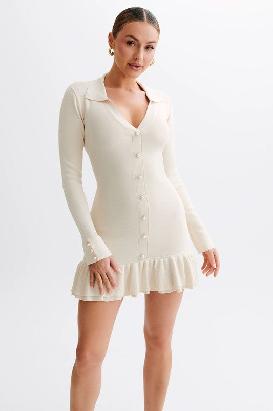 Contrast Long Sleeves Frill Mini Dress