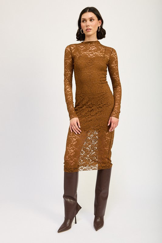 Mock Neck Midi Lace Dress