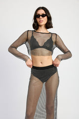 Rhinestones Mesh Cropped Cop