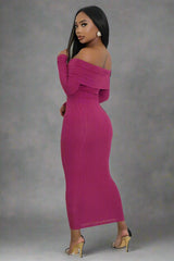 Fuchsia Bodycon Long Sleeves Off shoulder Maxi Dress