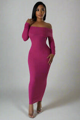 Fuchsia Bodycon Long Sleeves Off shoulder Maxi Dress