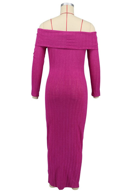 Fuchsia Bodycon Long Sleeves Off shoulder Maxi Dress