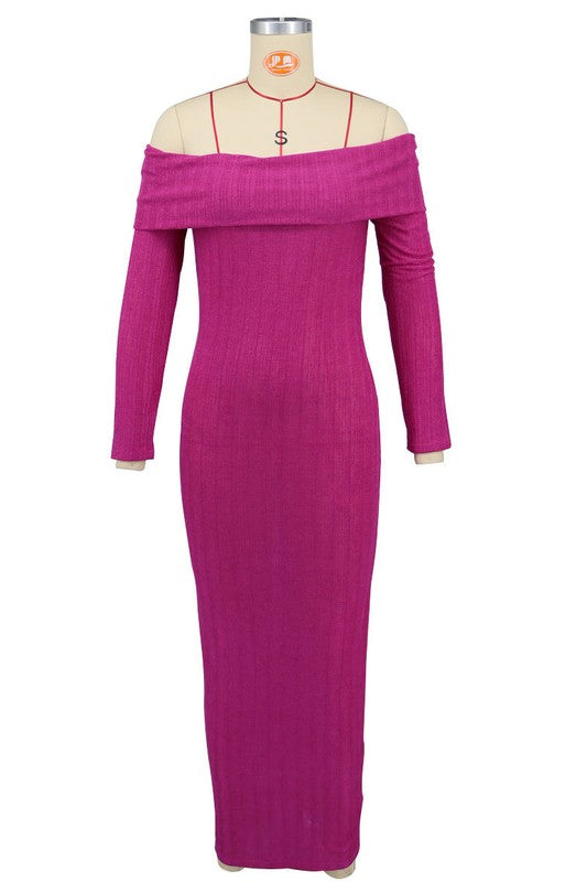 Fuchsia Bodycon Long Sleeves Off shoulder Maxi Dress