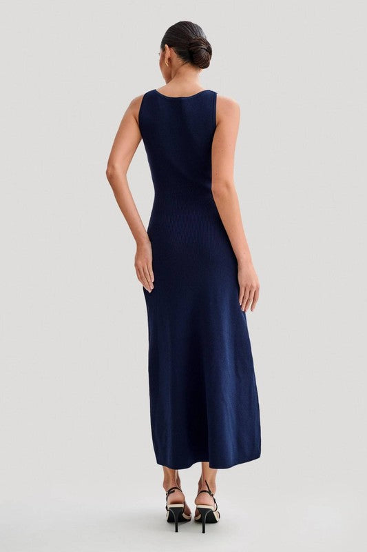 Blue Sleeveless Buttoned Knit Maxi Dress