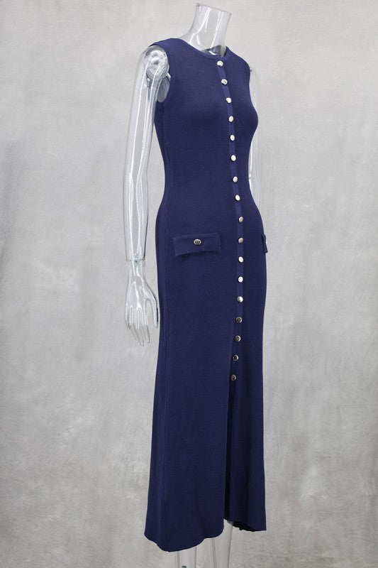 Blue Sleeveless Buttoned Knit Maxi Dress