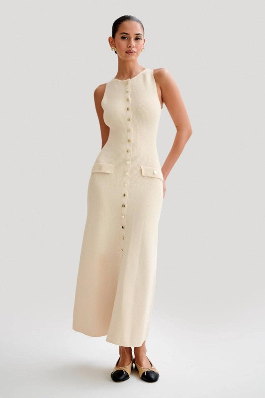 Ivory Sleeveless Buttoned Knit Maxi Dress