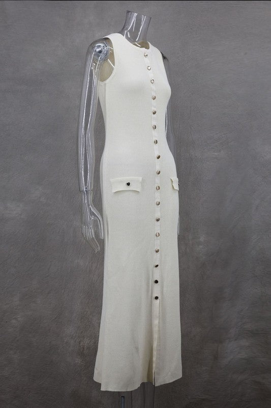 Ivory Sleeveless Buttoned Knit Maxi Dress