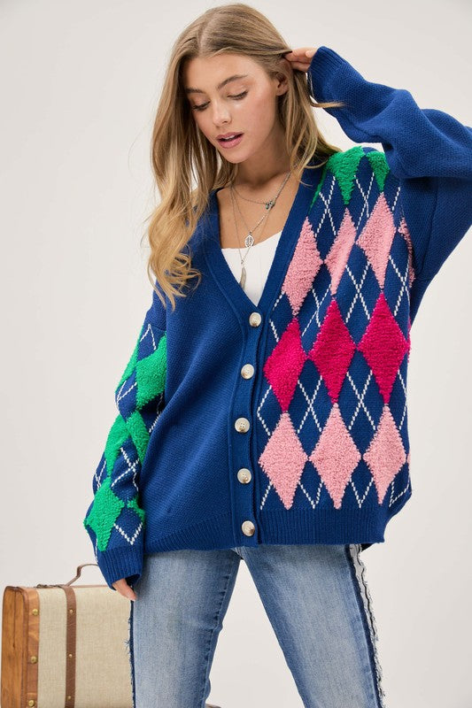 Plush Argyle Button Front Loose Fit Knit Cardigan