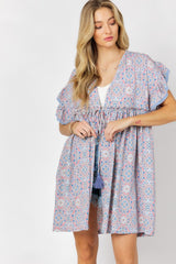 Printed Short Sleeve Ruffle Kimono