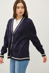 Navy Blue Be Cool Contrast Trim Cable-Knit V-Neck Cardigan