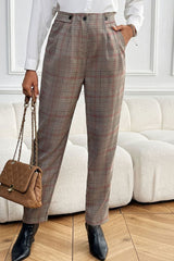 Perfee Plaid Straight Pants with Pockets