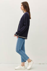 Navy Blue Be Cool Contrast Trim Cable-Knit V-Neck Cardigan