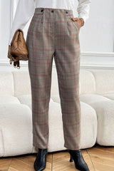 Perfee Plaid Straight Pants with Pockets