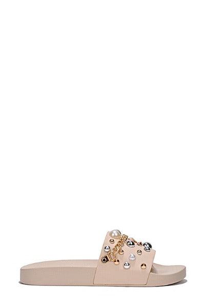 NUDELI-SLIDE Bejeweled One Strap Slide Sandals