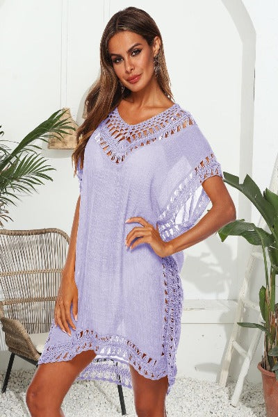 Cutout V-Neck Short Sleeve Swimsuit Cover-Up Dress