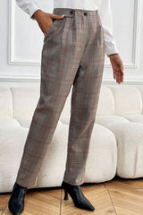 Perfee Plaid Straight Pants with Pockets