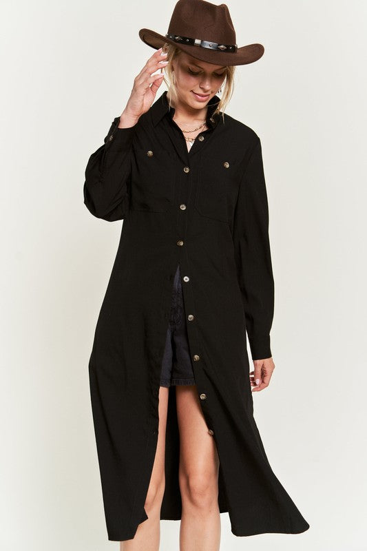 Solid Button Down Belted Long Dress