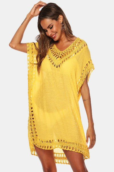 Cutout V-Neck Short Sleeve Swimsuit Cover-Up Dress