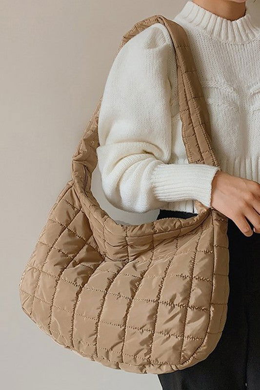 Beige Quilted Zipper Large Jennie Shoulder Bag - Hassle Free Cart