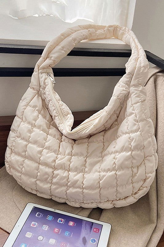 Beige Quilted Zipper Large Jennie Shoulder Bag - Hassle Free Cart