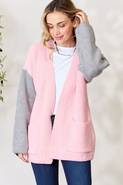 BiBi Contrast Open Front Cardigan with Pockets - Hassle Free Cart