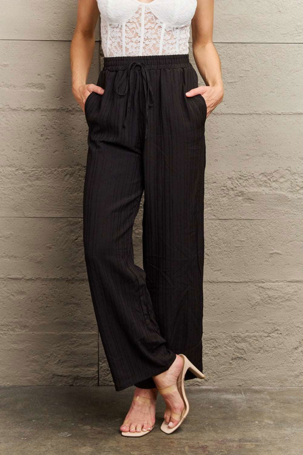 Black Tie Waist Long Pants - Hassle Free Cart